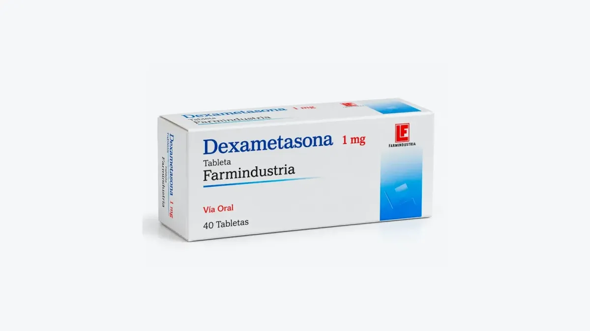 Caja blanca y azul de Dexametasona 1 mg Farmindustria con 40 tabletas