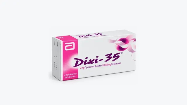 Caja blanca y rosada de Dixi-35 de Abbott con 21 comprimidos recubiertos de ciproterona y etinilestradiol