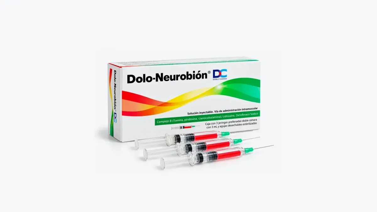 Caja blanca de Dolo-Neurobión DC con tres jeringas prellenadas de doble cámara con solución roja al frente