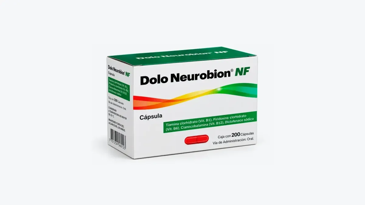 Caja blanca y verde de Dolo Neurobion NF con 200 cápsulas y una cápsula roja al frente