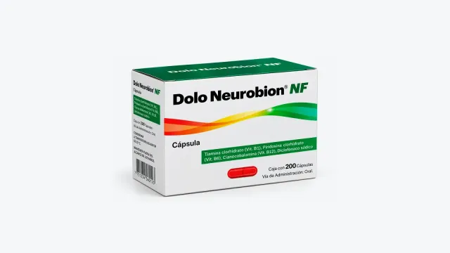 Caja blanca y verde de Dolo Neurobion NF con 200 cápsulas y una cápsula roja al frente