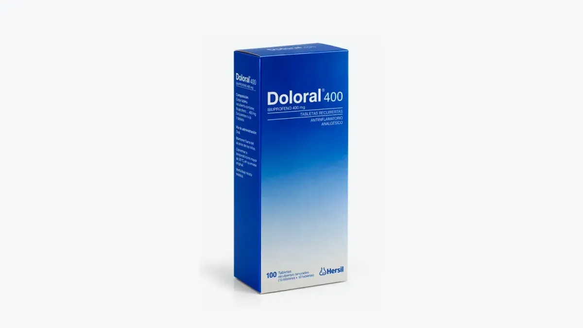 Caja azul de Doloral 400 mg con ibuprofeno de Hersil con 100 tabletas recubiertas ranuradas