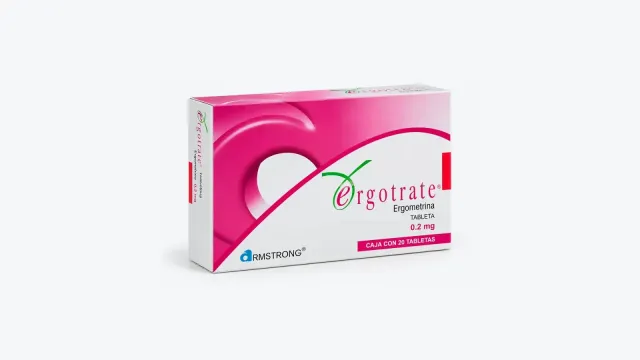 Caja rosada de Ergotrate Armstrong con ergometrina 0.2 mg y la leyenda Caja con 20 tabletas
