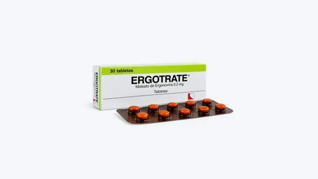 Caja de Ergotrate 0,2 mg con 30 tabletas de maleato de ergonovina y un blíster de tabletas naranjas