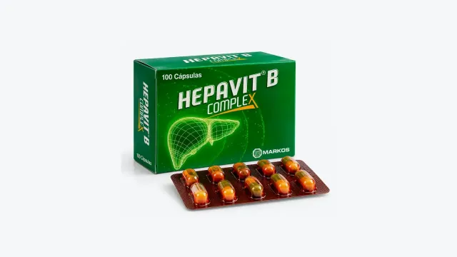 Caja verde de Hepavit B Complex de Markos con 100 cápsulas y un blíster de cápsulas amarillas y verdes al frente