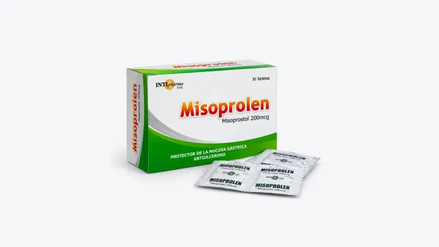 Caja azul y verde de Misoprolen 200 mcg de INTIpharma con tabletas y dos blísters abiertos