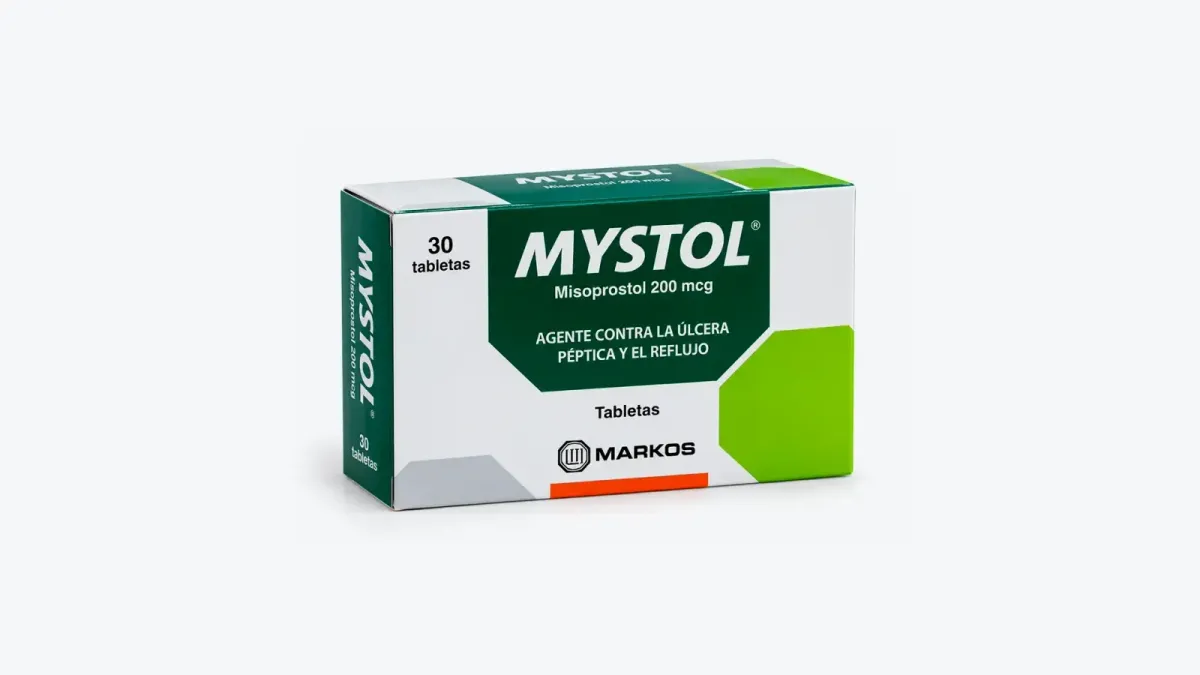 Caja verde y blanca de Mystol 200 mcg de Markos con tabletas de misoprostol