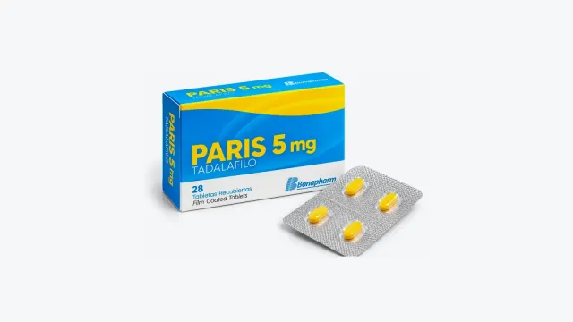 Caja azul y amarilla de Paris 5 mg tadalafilo de Bonapharm con 28 tabletas recubiertas y un blíster de tabletas amarillas