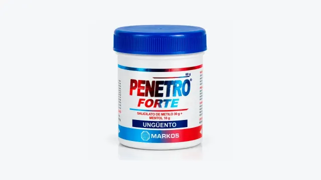 Pote blanco de Penetro Forte de Markos con tapa azul, ungüento de salicilato de metilo y mentol