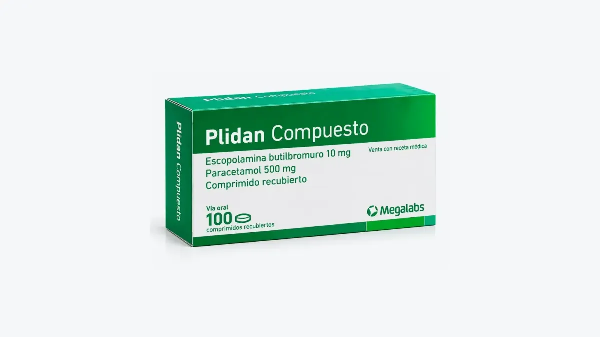 Caja verde y blanca de Plidan Compuesto de Megalabs con escopolamina butilbromuro y paracetamol, 100 comprimidos recubiertos