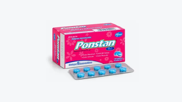 Caja rosada de Ponstan RD de Pfizer con naproxeno sódico de 220 mg y un blíster de tabletas azules al frente