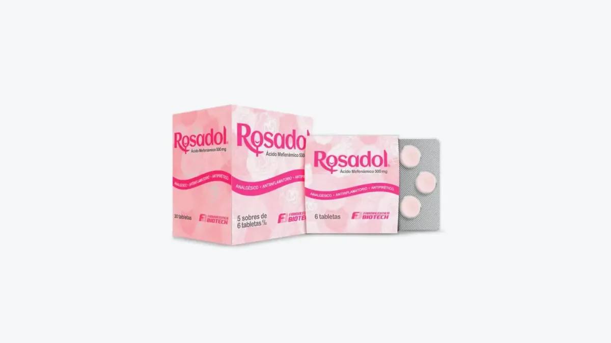 Caja rosada de Rosadol con ácido mefenámico de 500 mg, de Farmacéutica Biotech, con un sobre de 6 tabletas y un blíster al frente