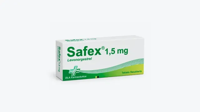 Caja blanca y verde de Safex 1,5 mg con levonorgestrel de DLA Farmacéutica, tableta recubierta