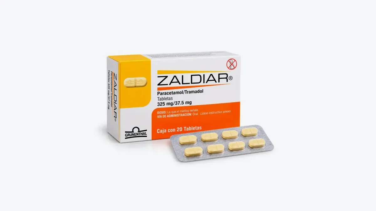 Caja blanca, naranja y amarilla de Zaldiar de Grünenthal con 20 tabletas de paracetamol y tramadol y un blíster al frente